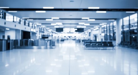 Fototapeta premium Blurred Modern Airport Terminal Interior with Empty Hallway and Seating Area.