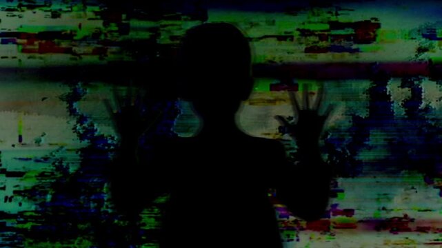 Silhouette Of Child Pressing Hands Against Fiery Glitch Screen