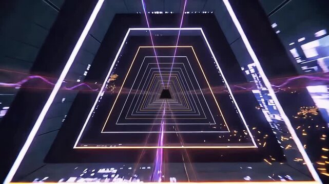neon triangle tunnel animation with glowing geometric frames and flowing data lines, Cyber corridor loop with perspective depth and glitch effects.