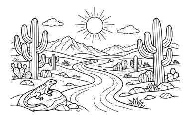 Obraz premium Desert landscape with a winding road, saguaro cacti, mountains, and a lizard