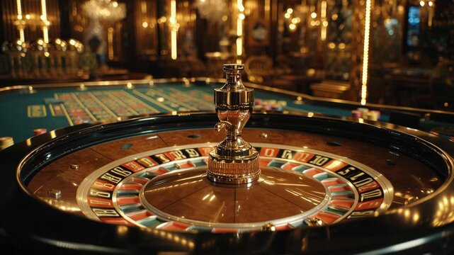 Close-up view of a roulette wheel in a casino with a spinning ball.