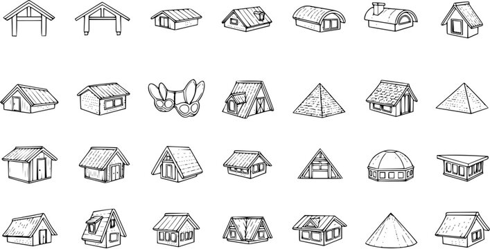 Diverse Collection of Hand-Drawn House Roof Designs and Architecture Outlines