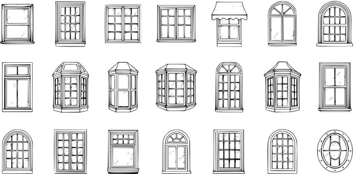 Detailed collection of hand-drawn window types and styles, showcasing various architectural designs from classic arched to modern bay windows, in a vintage sketch art illustration.