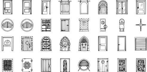 Set of 35 Different Style Doors: Hand-Drawn Line Art Collection © victoria