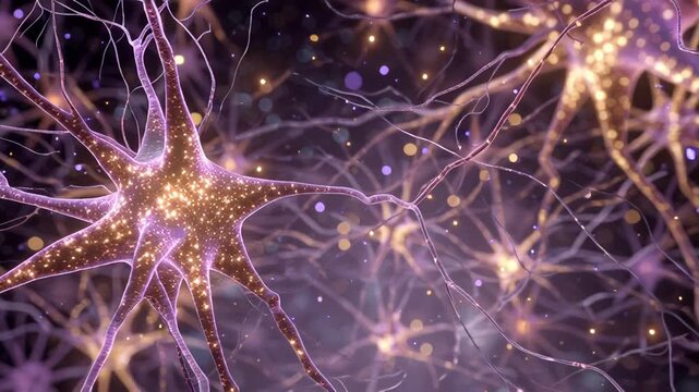 Detailed visualization of interconnected neurons transmitting signals in the brain.