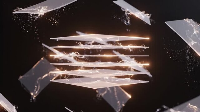 Abstract 3D Animation of Shattering Glass Fragments with Liquid Splashes and Light