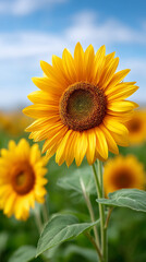 Obraz premium Vibrant sunflower bloom under blue sky in summer nature scene