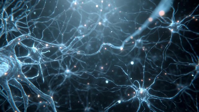 Close-up view of neural network connections in the brain with glowing synapses and complex web of neurons.