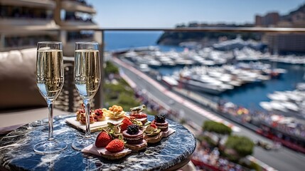 Naklejka premium Two glasses of champagne and a platter of gourmet appetizers sit on a balcony overlooking the monaco grand prix f1 circuit and crowded port hercule with yachts