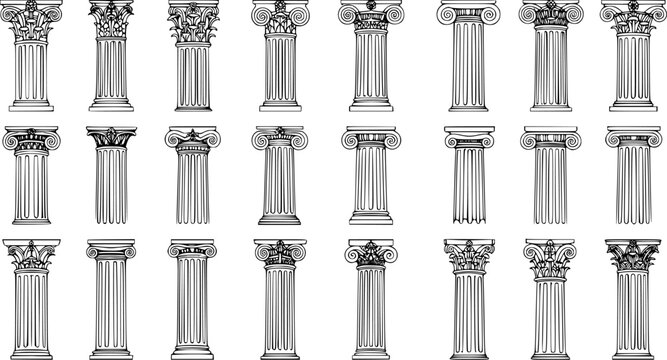 Set of 24 diverse architectural columns illustrating classical orders: Doric, Ionic, Corinthian, Tuscan, Composite. Detailed black and white vector line art illustrations.