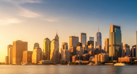 Obraz premium Stunning Sunset over New York City Skyline with Golden Light.