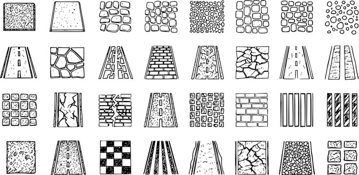 Hand-drawn Set of Architectural Textures, Road Patterns, and Pavement Surface Icons for Top-Down Maps or Game Assets