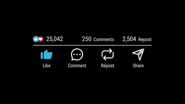 Social network smartphone screen animation likes comments reposts engagement statistics media online digital