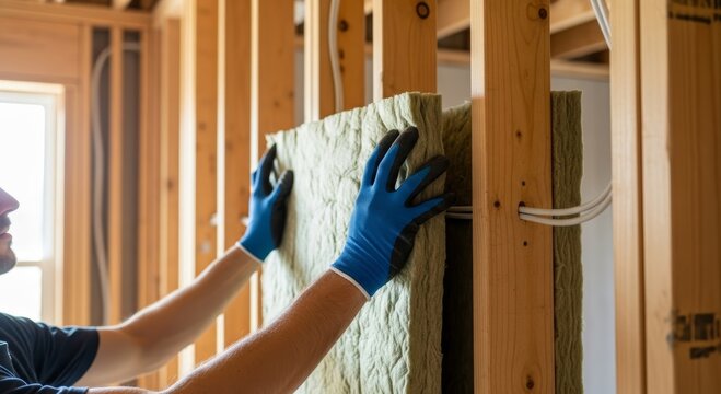 Man installing insulation in wooden wall frame. Construction worker placing mineral wool or fiberglass between studs. Home renovation task for thermal efficiency and building improvement.