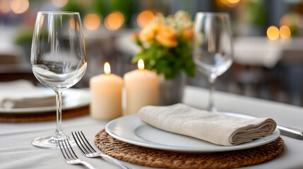 Fototapeta premium Elegant romantic dinner setting with candles and floral centerpiece for special occasions
