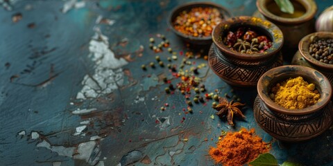 Fototapeta premium indian style. food and spices on a the table. turmeric, saffron, ginger, pepper, cinnamon and curry