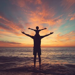 Fototapeta premium Silhouette of person with arms raised at sunset on beach