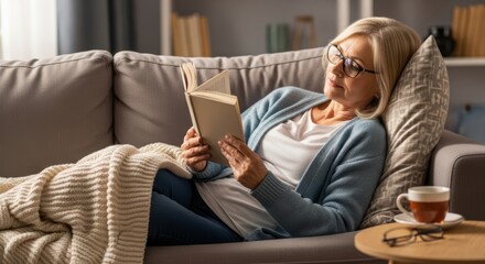 Obraz premium Senior woman reading book on sofa at home. Mature female resting with literature while covered with blanket. Cozy lifestyle hobby in living room interior for leisure and relaxation concept.