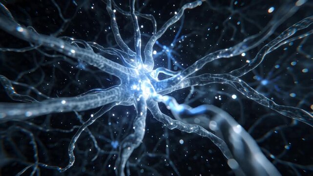 Detailed 3D illustration of a glowing neuron with dendrites and synapses in a dark background.