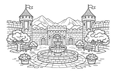 Obraz premium Charming castle courtyard with a fountain, trees, and benches, perfect for coloring