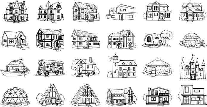 Assorted Hand-Drawn House Illustrations: Diverse Architectural Styles