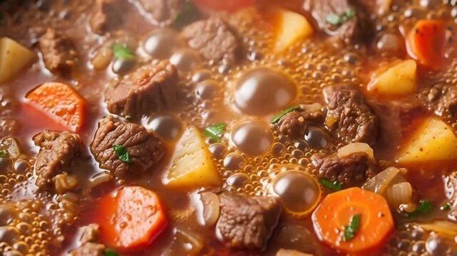 Hearty Beef Stew: Close-up of a bubbling pot of savory beef stew, rich with tender beef chunks, vibrant carrots, and golden potatoes. A culinary creation, evoking warmth and comfort.