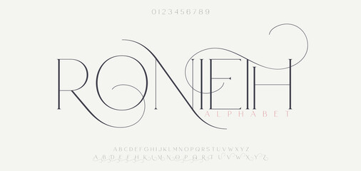 RONIETEL Elegant alphabet letters font logo classic minimal fashion designs. Typography modern sans fonts and number for logo brand. vector illustration © Brand_Studio