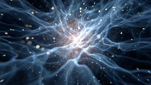 Abstract visualization of cosmic energy and interconnected light strands in space.