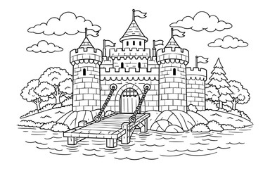 Fototapeta premium Whimsical cartoon castle with a drawbridge over water and surrounding trees