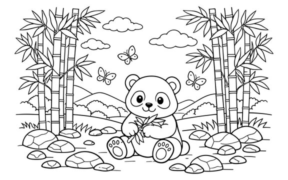 Cute cartoon panda bear sitting in a bamboo forest with butterflies flying around