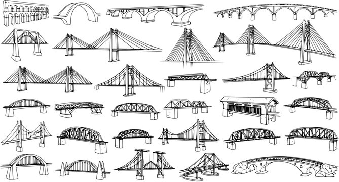 Hand-drawn sketch collection of various bridge types, illustrating architectural engineering and structural designs.