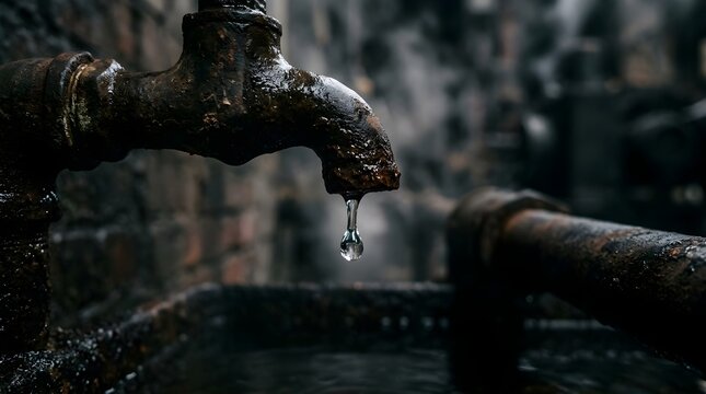 Close-up of a rusty outdoor faucet with a single drop of water falling symbolizing scarcity and environmental concerns.