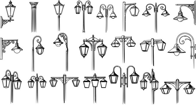 Hand-drawn sketch collection of vintage street lights and lampposts, featuring various outdoor lighting designs and architectural elements.