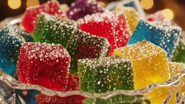 Colorful sugar coated jelly candies in bowl.