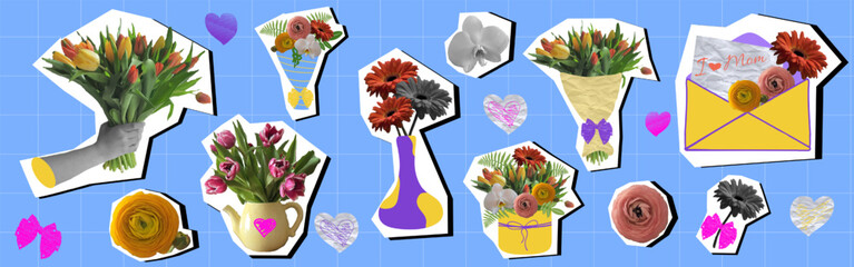 Vintage Mothers Day collage with flowers in retro sticker set , halftone effect. Floral scrapbook elements for greeting card design, printable templates, social media and seasonal projects © loli