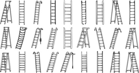Collection of Hand-Drawn Ladder Types Isolated on White Background. Various Sketch Illustrations of Wooden, Metal, and Folding Ladders for Climbing and Construction. © victoria
