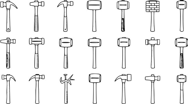 Collection of Various Types of Hammers and Mallets Line Art. Hand Tools for Construction, Carpentry, DIY, and Industrial Work as Black Outline Icons.