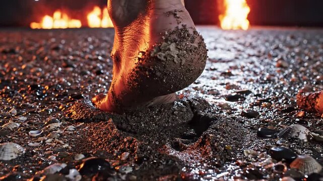 Bare foot stepping on gritty sand leaving a footprint, with distant fires burning at night for survival struggle concept and desolate aftermath