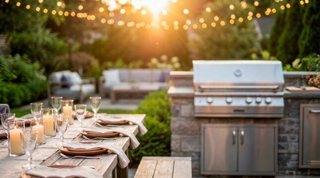 Guests prepare for dinner in a backyard with a long table set for a meal. The grill is ready as the sun sets, and string lights create a warm atmosphere