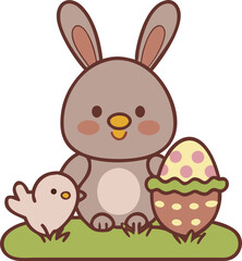 Obraz premium Easter bunny and chick with decorated egg on green grass