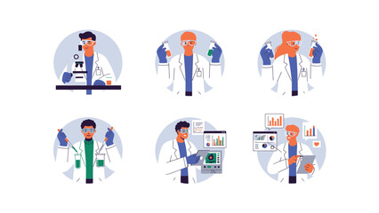 Fototapeta premium Scientists and Researchers in Lab Coats Conducting Experiments and Data Analysis - Vector Illustration Set