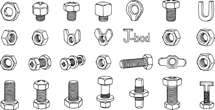 Line Art Bolts and Nuts: Hand Drawn Vector Illustration Set
