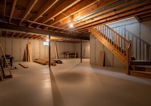 Unfinished basement interior with wooden staircase and exposed beams