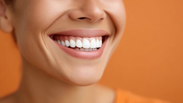 Bright smiling woman with perfect teeth on orange background, emphasizing happiness and healthy lifestyle