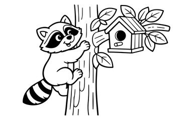 Fototapeta premium Cute cartoon raccoon climbing a tree towards a birdhouse with leaves