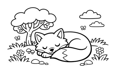 Fototapeta premium Cute cartoon fox sleeping peacefully under a tree in a meadow with flowers and butterflies