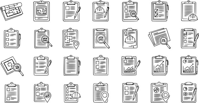 Detailed hand-drawn line art icons: construction planning, architectural inspection, engineering audit, site safety, documents, blueprints, clipboards, and checklists.