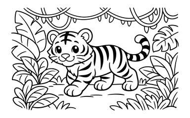 Fototapeta premium Cute cartoon tiger cub walking through a jungle with vines and leaves