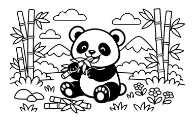 Fototapeta premium Cute cartoon panda eating bamboo in a stylized natural landscape