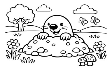 Naklejka premium Cute cartoon mole peeking out of its hole in a sunny meadow